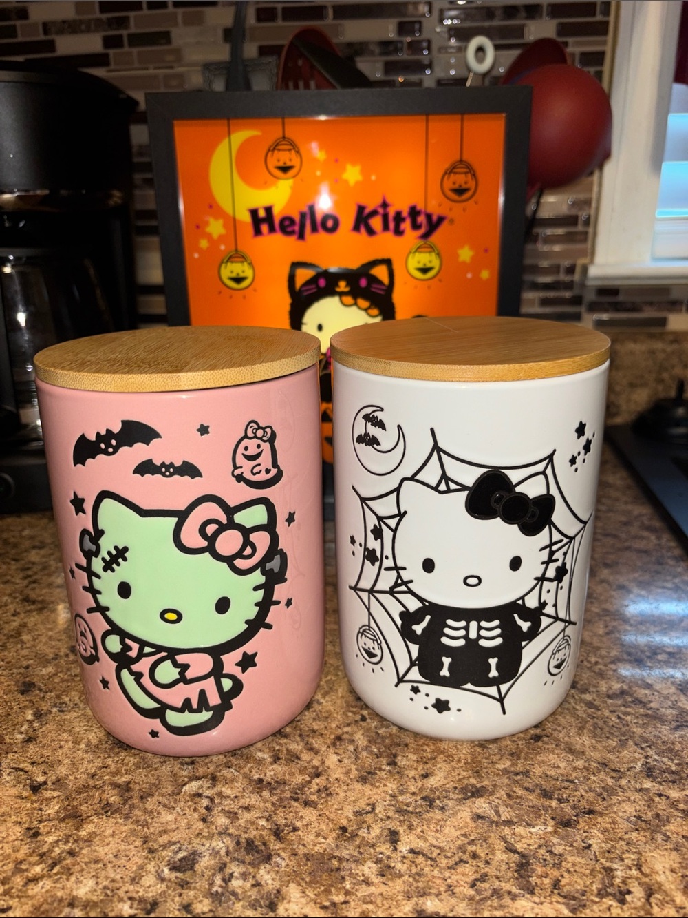 Hello Kitty Pink & White Halloween Ceramic Canister Set with Bamboo Lids